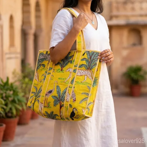 Woman walking through an outdoor market carrying an over-sized Yellow Jungle Print Quilted Cotton Tote Bag packed with beach essentials.