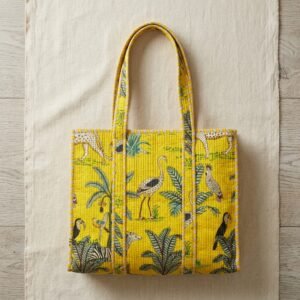 Close-up of the handcrafted yellow jungle landscape detailing, dense quilted stitching texture lines, robust handle strap attachments, and neat inner security pocket slot on an Indian cotton carryall tote.