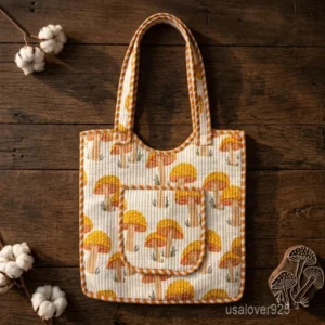 Close-up of the yellow mushroom print, dense Italian thread diamond quilted stitching, and comfortable 12-inch handle drop straps on an Indian cotton shopper bag.
