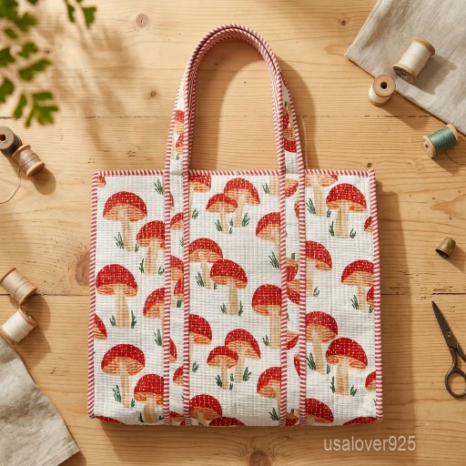 A person carrying a large Yellow Mushroom Hand Block Print Quilted Cotton Tote Bag comfortably over their shoulder during a casual outdoor trip.