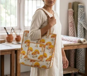 Yellow Mushroom Hand Block Print Quilted Cotton Tote Bag with shoulder straps showing the traditional hand block botanical print layout.