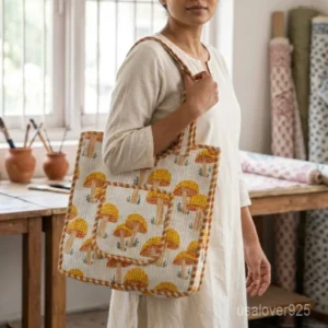 Yellow Mushroom Hand Block Print Quilted Cotton Tote Bag with shoulder straps showing the traditional hand block botanical print layout.
