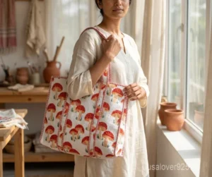 Yellow Mushroom Hand Block Print Quilted Cotton Tote Bag with shoulder straps showing the traditional hand block botanical print layout.