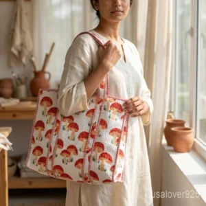 Yellow Mushroom Hand Block Print Quilted Cotton Tote Bag with shoulder straps showing the traditional hand block botanical print layout.