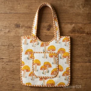 Yellow Mushroom Hand Block Print Quilted Cotton Tote Bag with shoulder straps showing the traditional hand block botanical print layout.