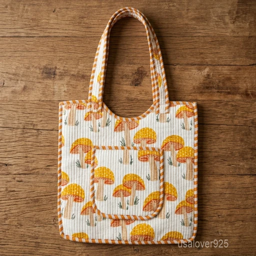 Yellow Mushroom Hand Block Print Quilted Cotton Tote Bag with shoulder straps showing the traditional hand block botanical print layout.