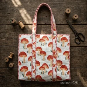Yellow Mushroom Hand Block Print Quilted Cotton Tote Bag with shoulder straps showing the traditional hand block botanical print layout.