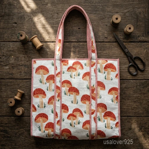 Yellow Mushroom Hand Block Print Quilted Cotton Tote Bag with shoulder straps showing the traditional hand block botanical print layout.