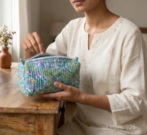 Set of 3 Quilted Toiletry Bag Set nesting configuration showing the traditional block print artisan design and secure zipper lines.