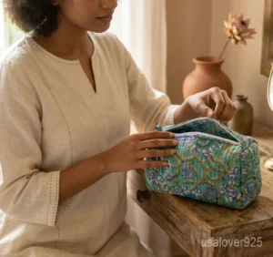 A three-piece nesting set of Quilted Toiletry Bag Set neatly arranged on a clean vanity counter showing the large, medium, and small size configurations.