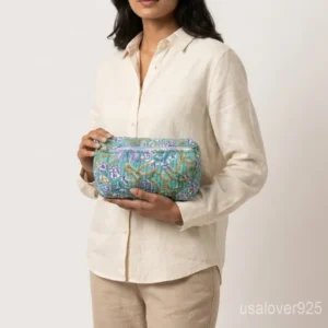 Set of 3 Quilted Toiletry Bag Set nesting configuration showing the traditional block print artisan design and secure zipper lines.