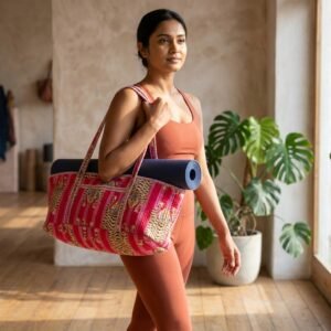 Pink Tiger Quilted Yoga Tote Bag showing the traditional hand block print artisan design with the spacious duffle-style opening and comfortable shoulder carry handles.