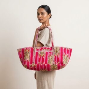 Pink Tiger Quilted Yoga Tote Bag showing the traditional hand block print artisan design with the spacious duffle-style opening and comfortable shoulder carry handles.