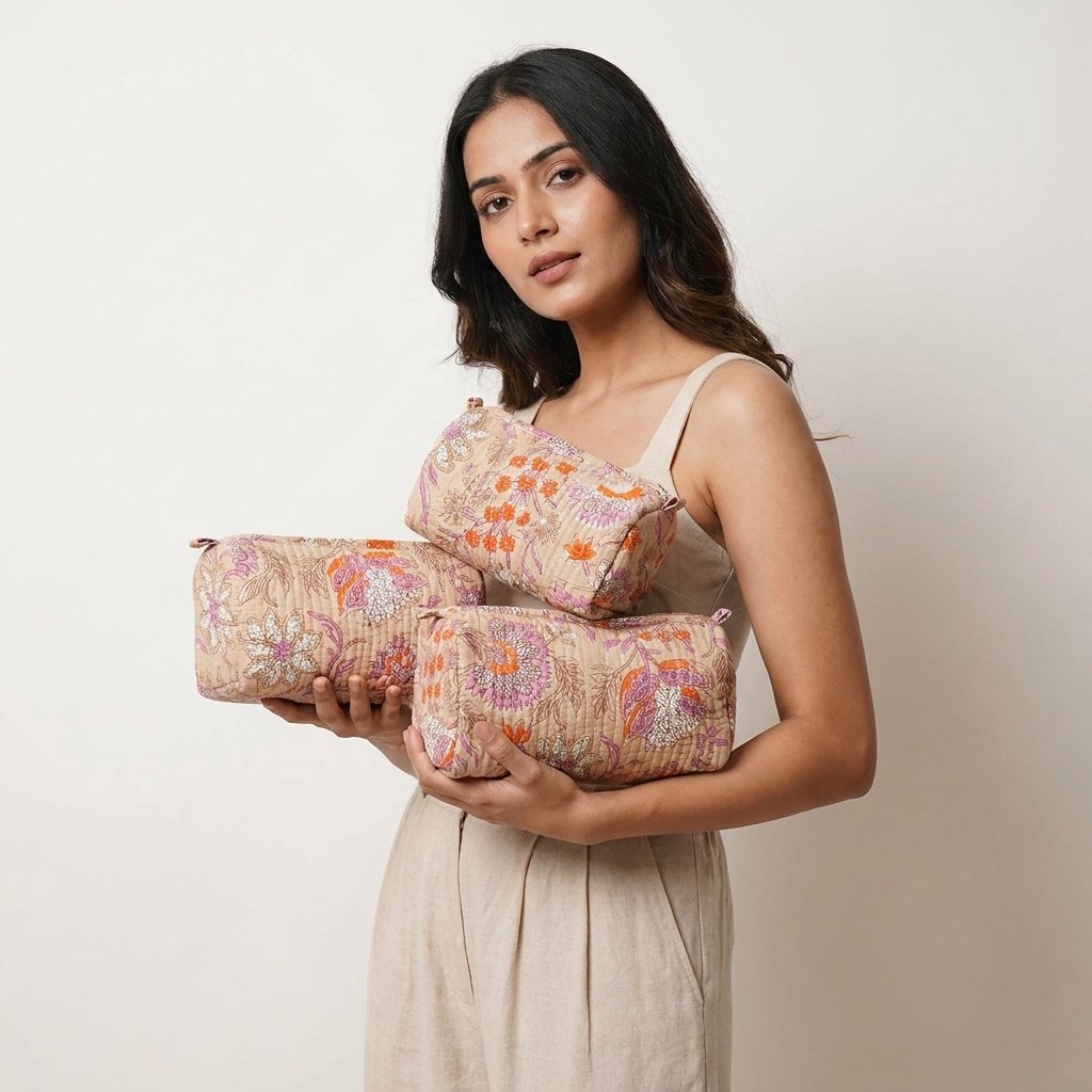 A traveler arranging the three pieces of the Black Beige Floral Quilted Toiletry Bag Set on a modern bathroom vanity counter, displaying the large, medium, and small sizes filled with cosmetic brushes and skincare bottles.