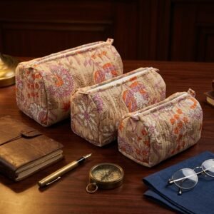 Close-up of the largest case in the Black Beige Floral Quilted Toiletry Bag Set opened to reveal the clean protective interior lining, smooth zipper track, and soft quilted horizontal stitching texture.