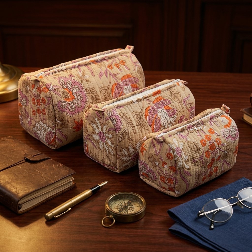 Close-up of the largest case in the Black Beige Floral Quilted Toiletry Bag Set opened to reveal the clean protective interior lining, smooth zipper track, and soft quilted horizontal stitching texture.