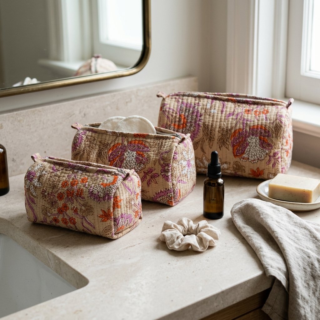 Close-up of the largest case in the Black Beige Floral Quilted Toiletry Bag Set opened to reveal the clean protective interior lining, smooth zipper track, and soft quilted horizontal stitching texture.
