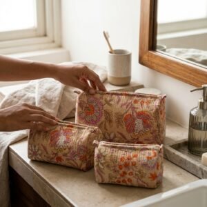 Beige Floral Quilted Toiletry Bag Set showing the nested 3-piece handmade travel pouch bundle with the traditional black and cream floral hand block print design and secure zipper tracks.