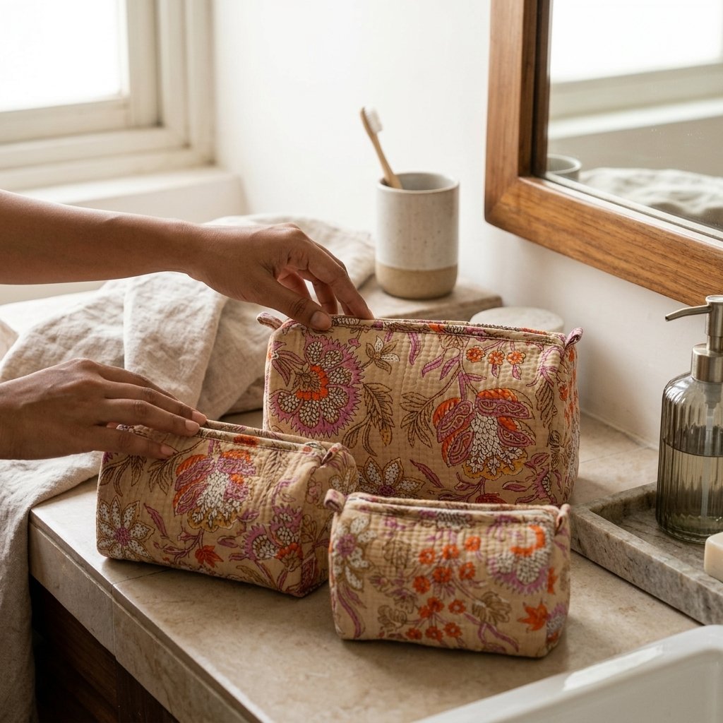 Beige Floral Quilted Toiletry Bag Set showing the nested 3-piece handmade travel pouch bundle with the traditional black and cream floral hand block print design and secure zipper tracks.