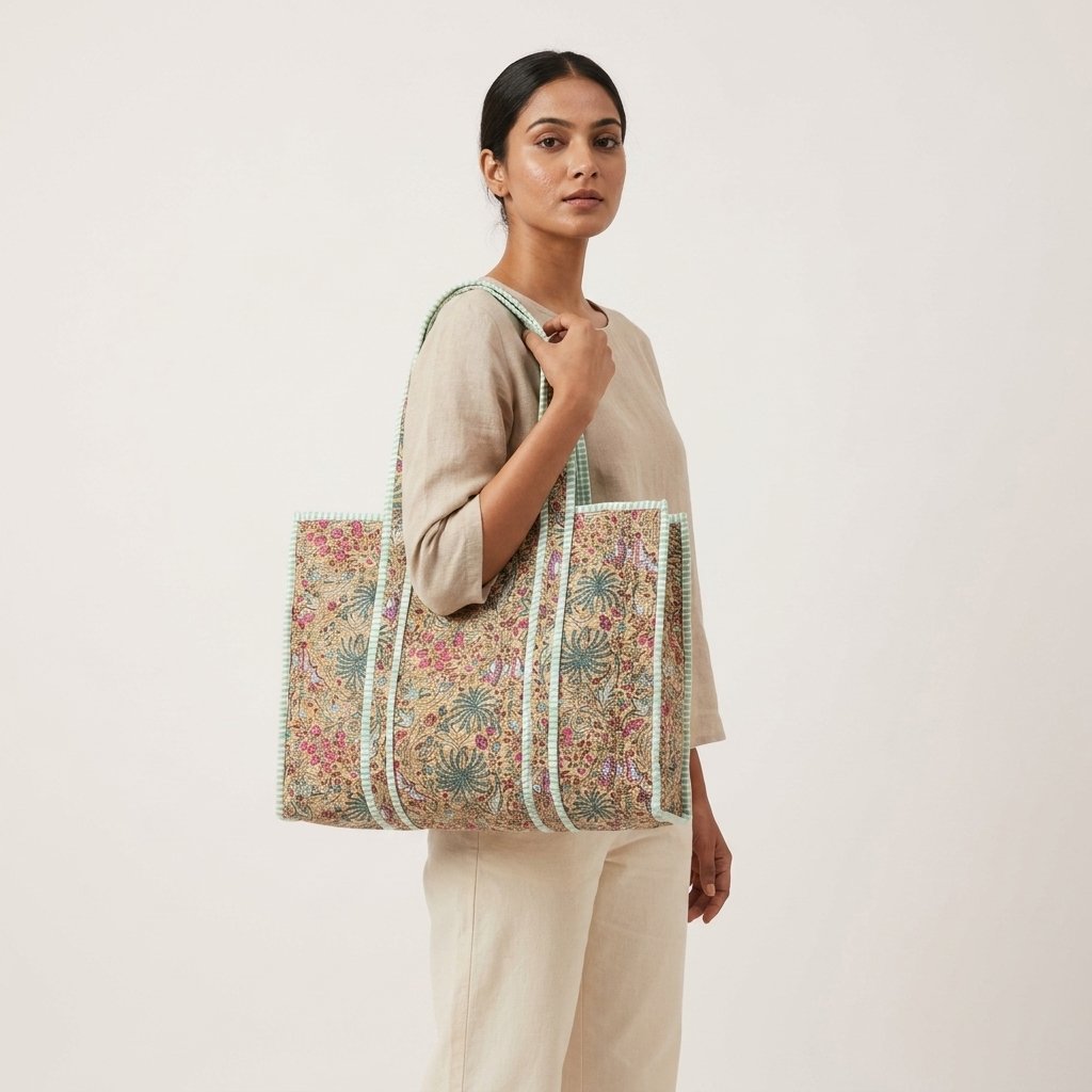 A shopper carrying the Beige Floral Quilted Tote Bag by the wide straps, showcasing its generous packing capacity and elegant large shoulder handbag style at an outdoor farmers market.