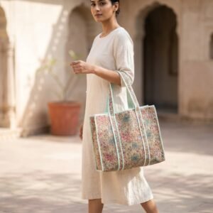 Beige Floral Quilted Tote Bag showing the traditional hand block print artisan design with the spacious 18x18 main compartment opening and reinforced double padded shoulder handles.