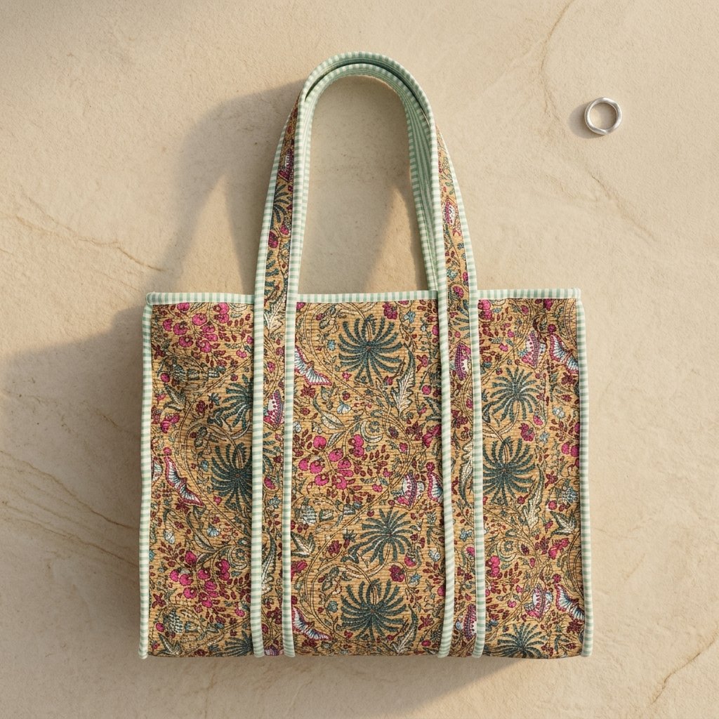 Close-up of the handcrafted beige botanical print detailing, dense quilted stitching texture lines, robust handle strap attachments, and clean inner layout on an Indian cotton travel purse.