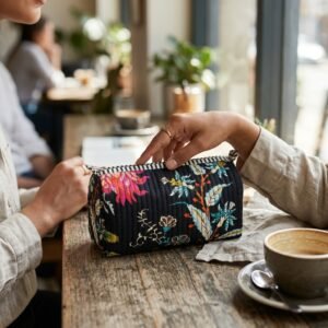 Close-up of the largest case in the Black Chintz Quilted Toiletry Bag Set opened to reveal the clean protective interior lining, smooth zipper track, and soft quilted horizontal stitching texture.