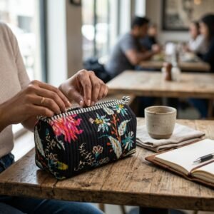 Close-up of the largest case in the Black Chintz Quilted Toiletry Bag Set opened to reveal the clean protective interior lining, smooth zipper track, and soft quilted horizontal stitching texture.