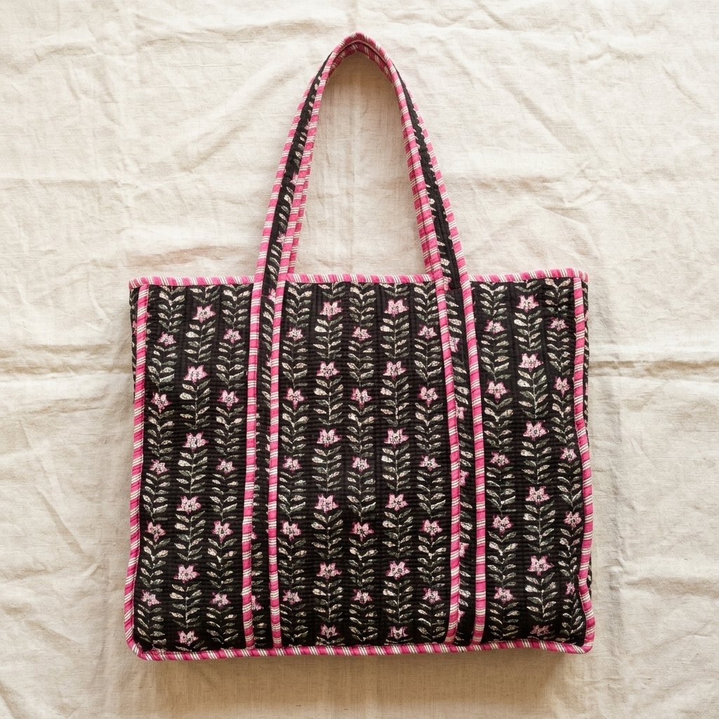 Close-up of the handcrafted black floral print detailing, dense quilted stitching texture lines, robust handle strap attachments, and clean inner layout on an Indian cotton carryall tote.