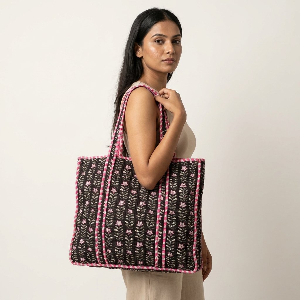 A shopper carrying the Black Floral Quilted Shoulder Tote Bag by the wide straps, showcasing its generous packing capacity and elegant bohemian accessory style at an outdoor market.