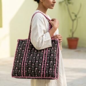 Black Floral Quilted Shoulder Tote Bag showing the traditional hand block print artisan design with the spacious 18x18 inches main compartment opening and reinforced double shoulder handles.