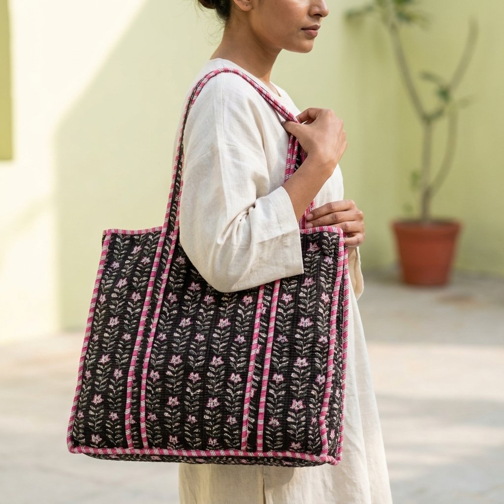 Black Floral Quilted Shoulder Tote Bag showing the traditional hand block print artisan design with the spacious 18x18 inches main compartment opening and reinforced double shoulder handles.
