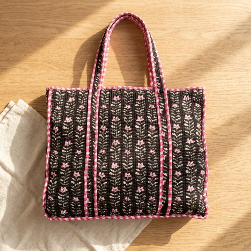 Black Floral Quilted Shoulder Tote Bag showing the traditional hand block print artisan design with the spacious 18x18 inches main compartment opening and reinforced double shoulder handles.