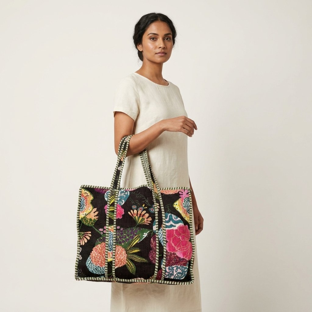 A shopper carrying the Black Floral Quilted Shoulder Tote Bag by the wide straps under the arm, showcasing its generous packing capacity and elegant bohemian accessory style at an outdoor market.