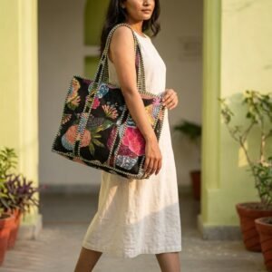 Black Floral Quilted Shoulder Tote Bag showing the traditional hand block print artisan design with the spacious 18x19 inches main compartment opening and reinforced double padded under-arm carry handles.