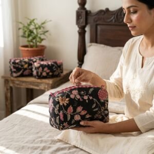 Close-up of the largest case in the Black Floral Quilted Toiletry Bag Set opened to reveal the clean protective interior lining, smooth zipper track, and soft quilted horizontal stitching texture.