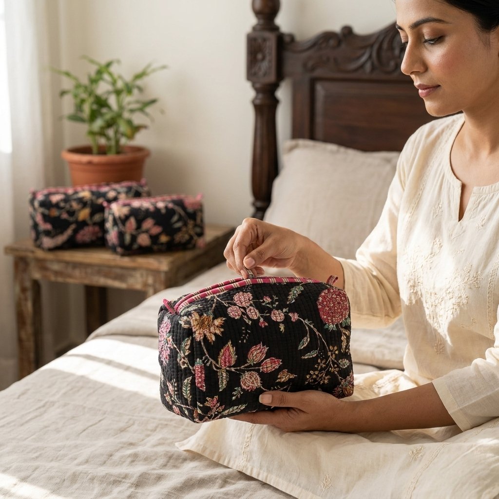 Close-up of the largest case in the Black Floral Quilted Toiletry Bag Set opened to reveal the clean protective interior lining, smooth zipper track, and soft quilted horizontal stitching texture.