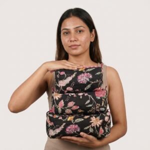 Black Floral Quilted Toiletry Bag Set showing the nested 3-piece handmade travel pouch bundle with the traditional dark floral hand block print design and secure zipper tracks.