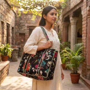 Black Floral Quilted Tote Bag Set showing the nested 3-piece handmade travel pouch bundle with the traditional dark floral block print design and secure zipper tracks.