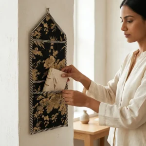 Black Floral Quilted Wall Hanging Organizer displaying the multi-pocket vertical sorting slots with the traditional vintage floral block print artisan design hung securely on an entryway wall.