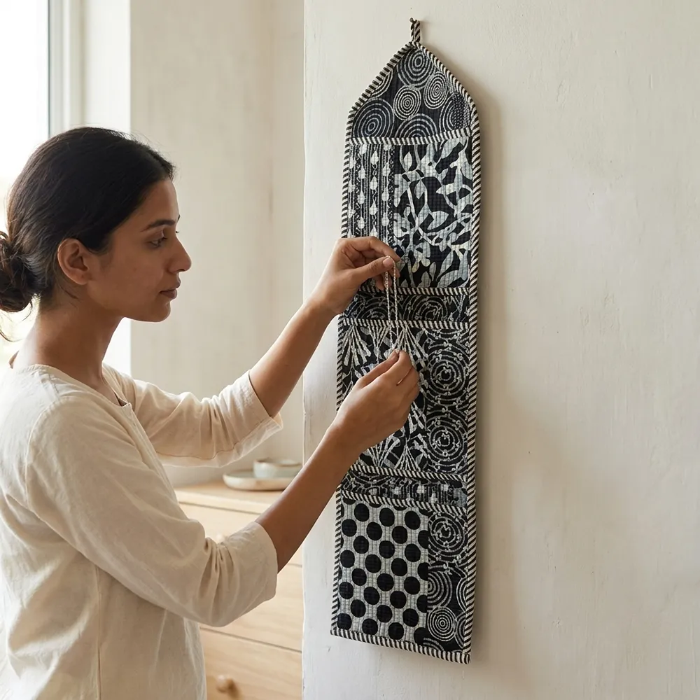 Black Quilted Wall Hanging Organizer displaying the multi-pocket vertical sorting slots with the traditional monochrome block print artisan design hung securely on an entryway wall.