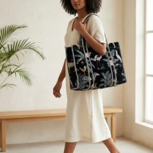 Black Safari Quilted Tote Bag showing the traditional wild cat hand block print artisan design with the spacious 18x18 main compartment opening and reinforced double padded shoulder handles.