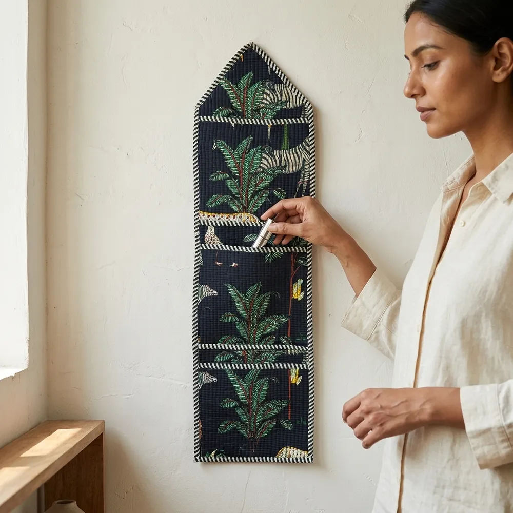 Black Safari Quilted Wall Hanging Organizer displaying the multi-pocket vertical sorting slots with the traditional tiger print artisan design hung securely on an entryway wall.