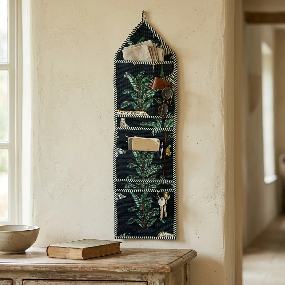 An interior room setup showing the Black Safari Quilted Wall Hanging Organizer near a wooden office desk, showcasing its space-saving capacity and elegant patterned office home pocketbook style.