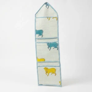 Close-up of the handcrafted blue animal print detailing, dense quilted stitching texture lines, robust pocket seam attachments, and clean pocket opening on the cotton pocket storage.