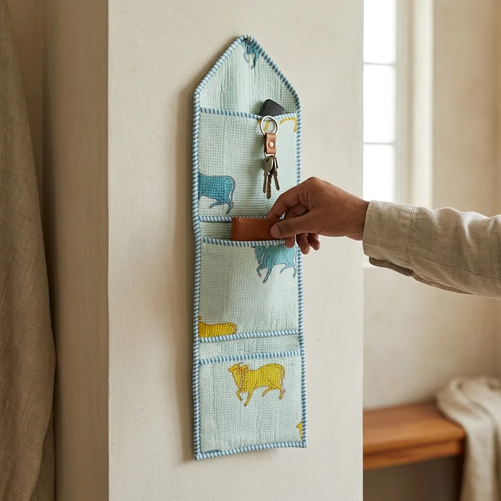 An interior room setup showing the Blue Cow Quilted Wall Hanging Organizer near a wooden office desk, showcasing its space-saving capacity and elegant patterned office home pocketbook style.