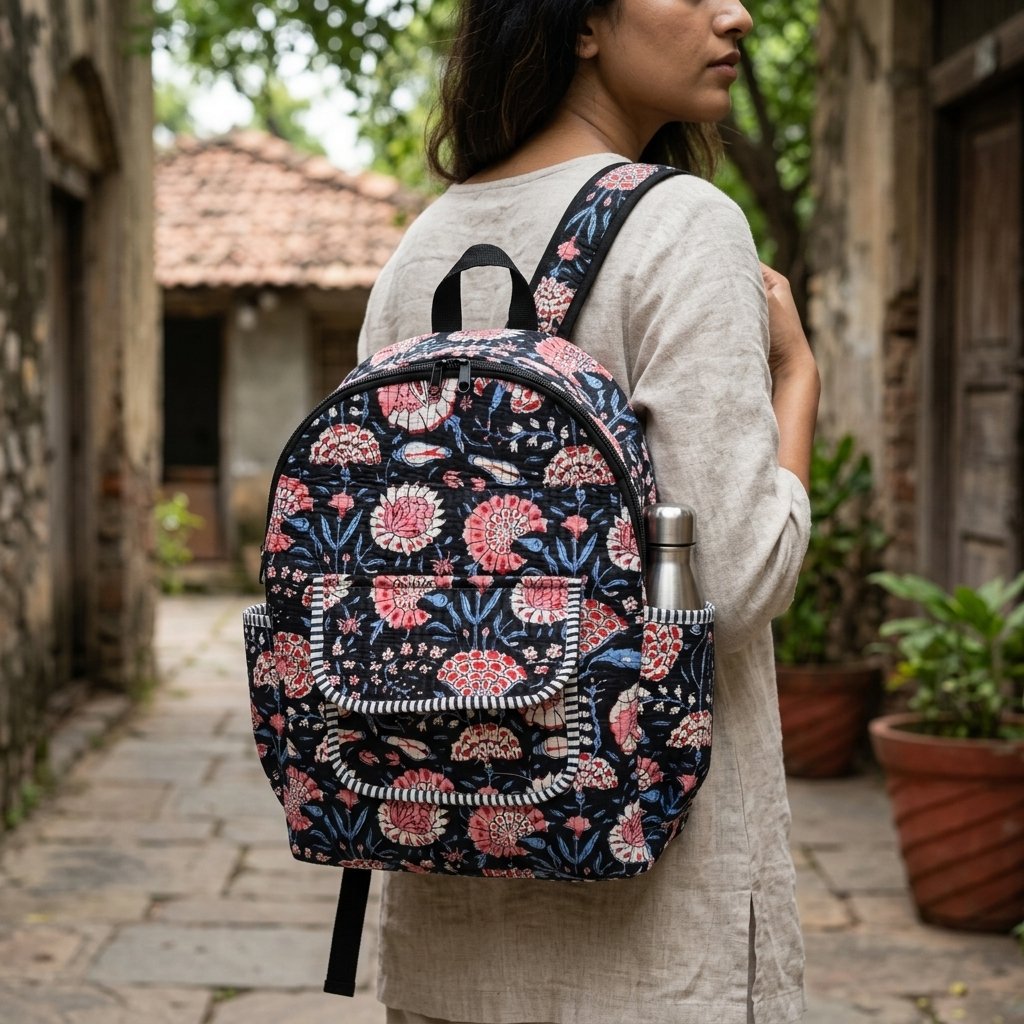 Blue Floral Quilted Backpack Bag showing the traditional indigo block print artisan design with the spacious front compartment closed, secure zipper tracks, and reinforced top handle loop.