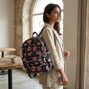 Close-up of the handcrafted blue botanical print detailing, dense quilted stitching texture lines, robust adjustable shoulder straps, and spacious open interior layout on an Indian cotton travel daypack.