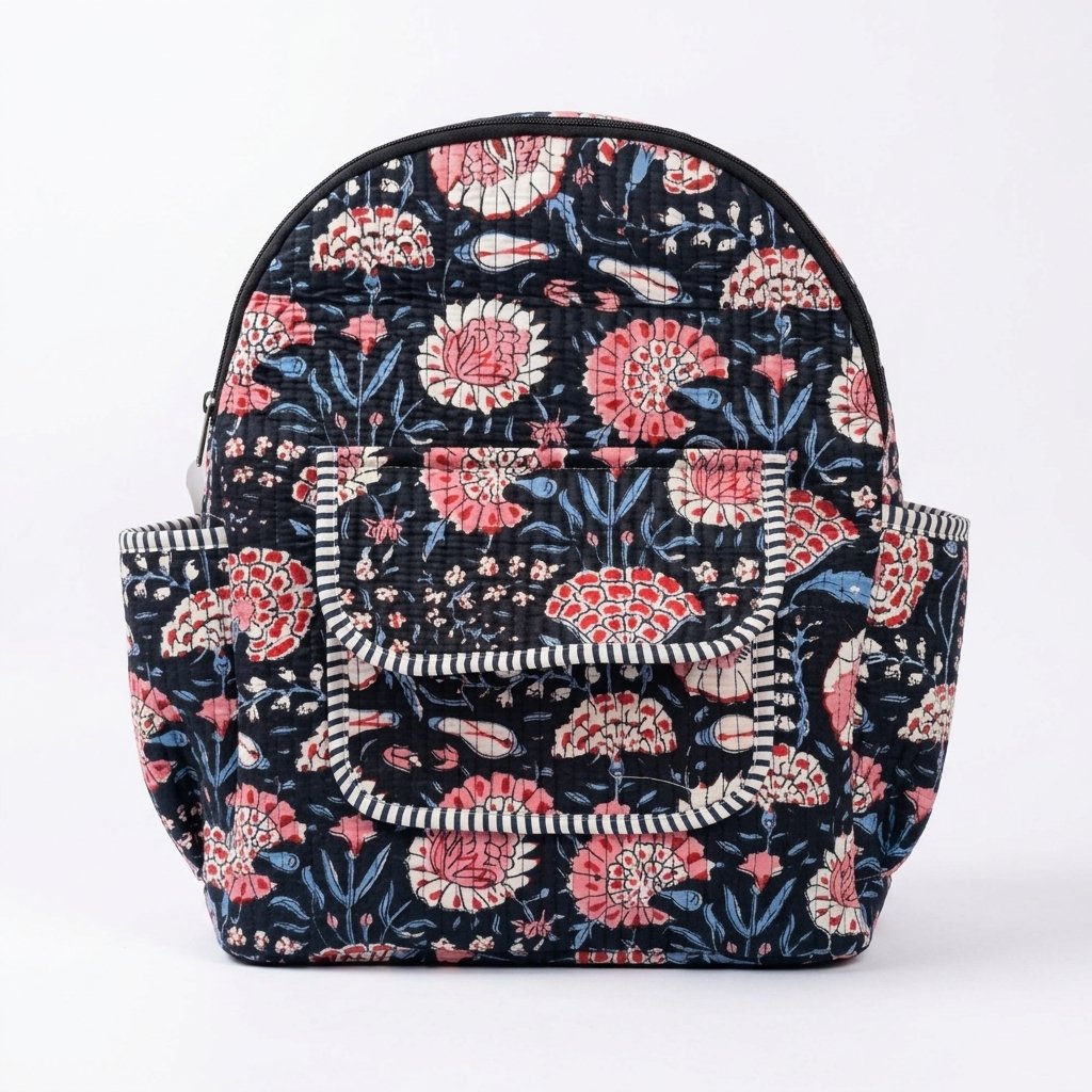 Close-up of the handcrafted blue botanical print detailing, dense quilted stitching texture lines, robust adjustable shoulder straps, and spacious open interior layout on an Indian cotton travel daypack.