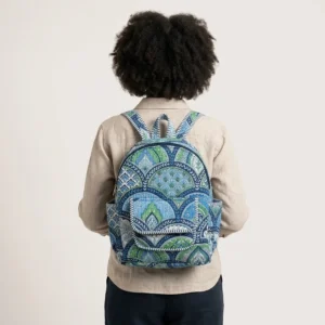 Blue Floral Quilted Cotton Backpack Bag showing the spacious vertical rucksack design with the handcrafted indigo block print pattern and adjustable shoulder straps.